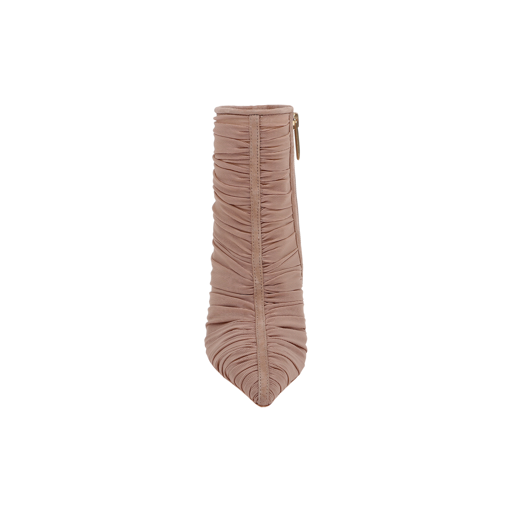 Front view of a single Fulton Mesh Bootie in light pink mesh with ruched detailing, a pointed toe, and a visible side zipper, set against a white background.