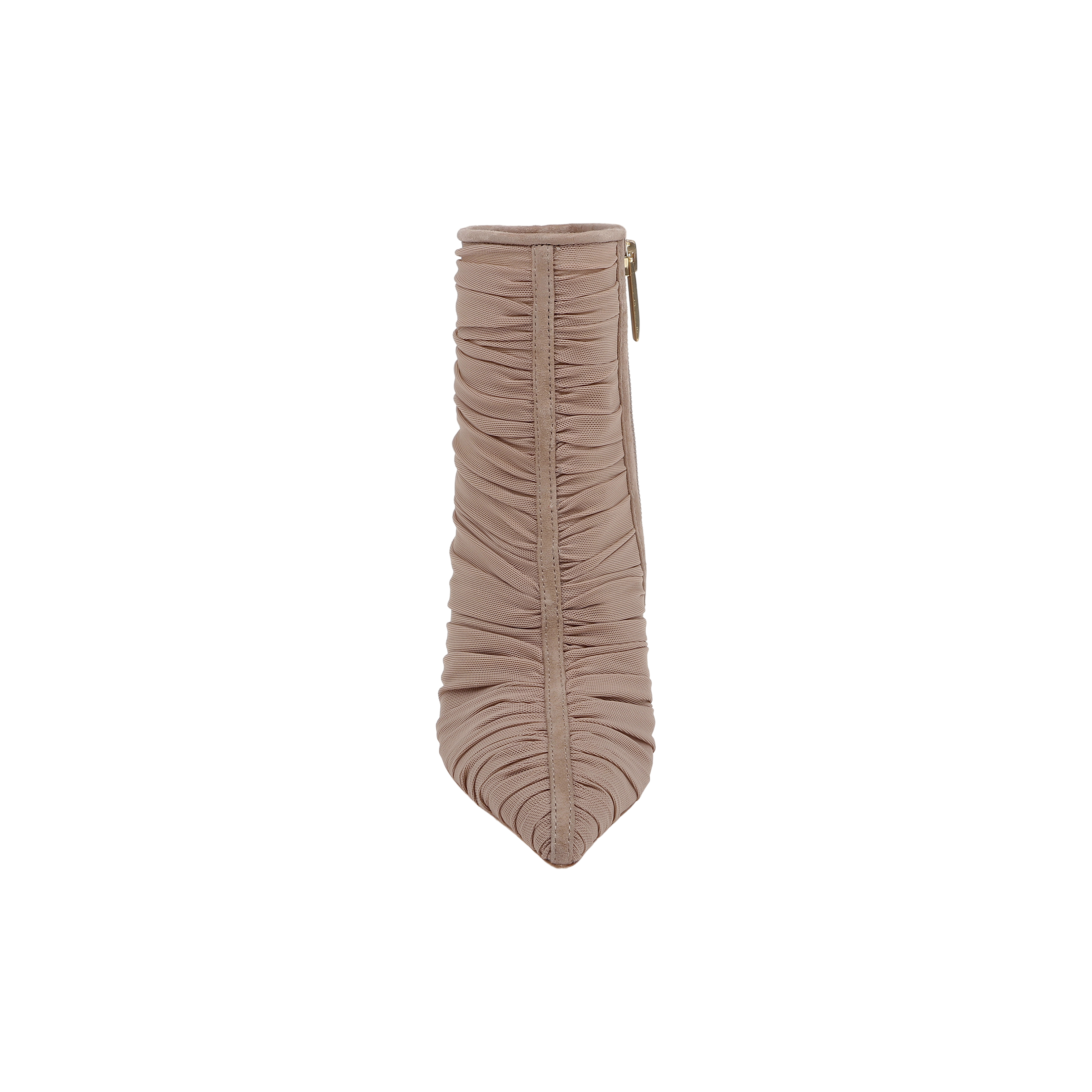 Front view of a single Fulton Mesh Bootie in light pink mesh with ruched detailing, a pointed toe, and a visible side zipper, set against a white background.