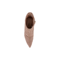 Top view of a single tan Fulton Mesh Bootie with a pointed toe, textured finish, and side zipper, displayed on a white background. The insole features the brand name LAGENCE printed in black.
