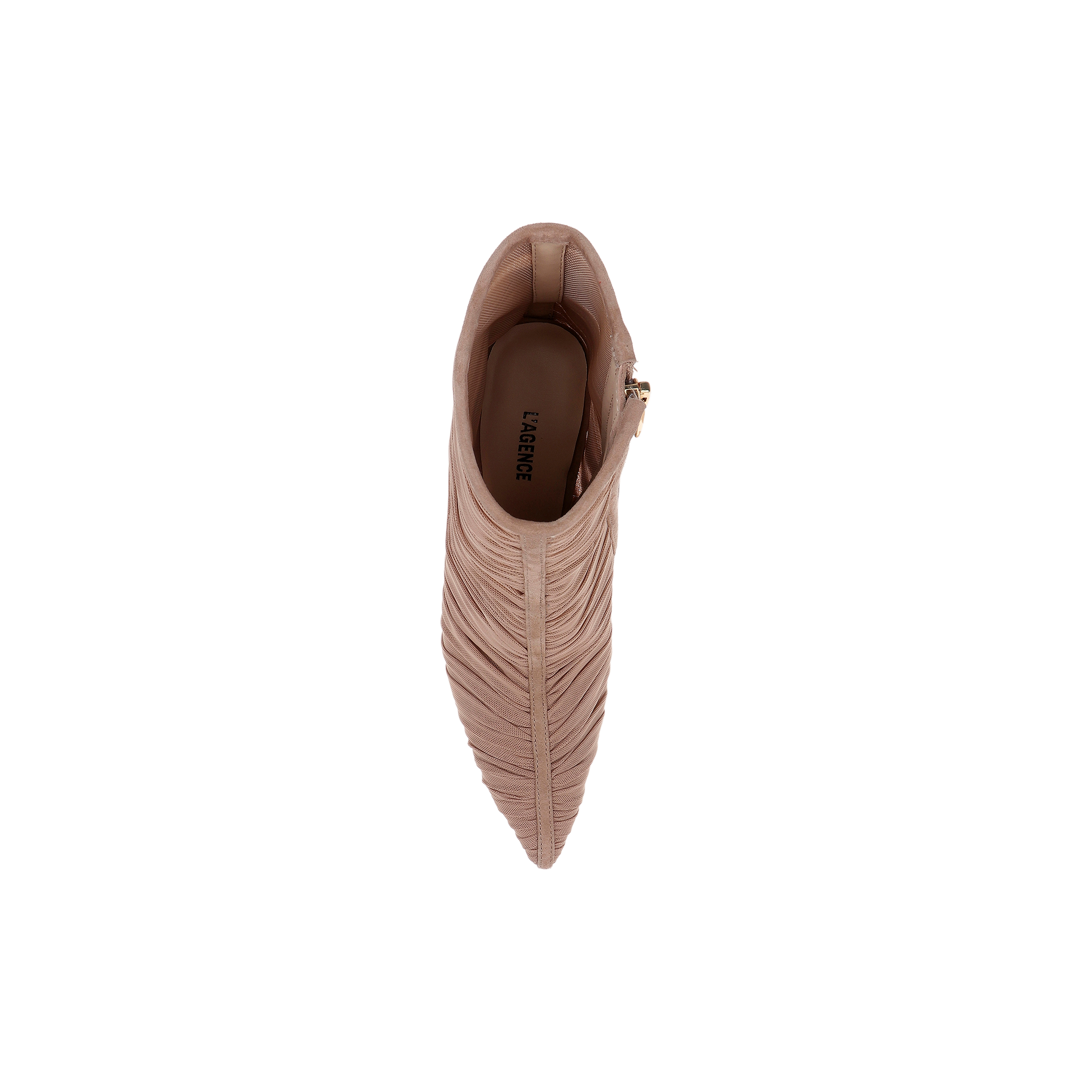 Top view of a single tan Fulton Mesh Bootie with a pointed toe, textured finish, and side zipper, displayed on a white background. The insole features the brand name LAGENCE printed in black.