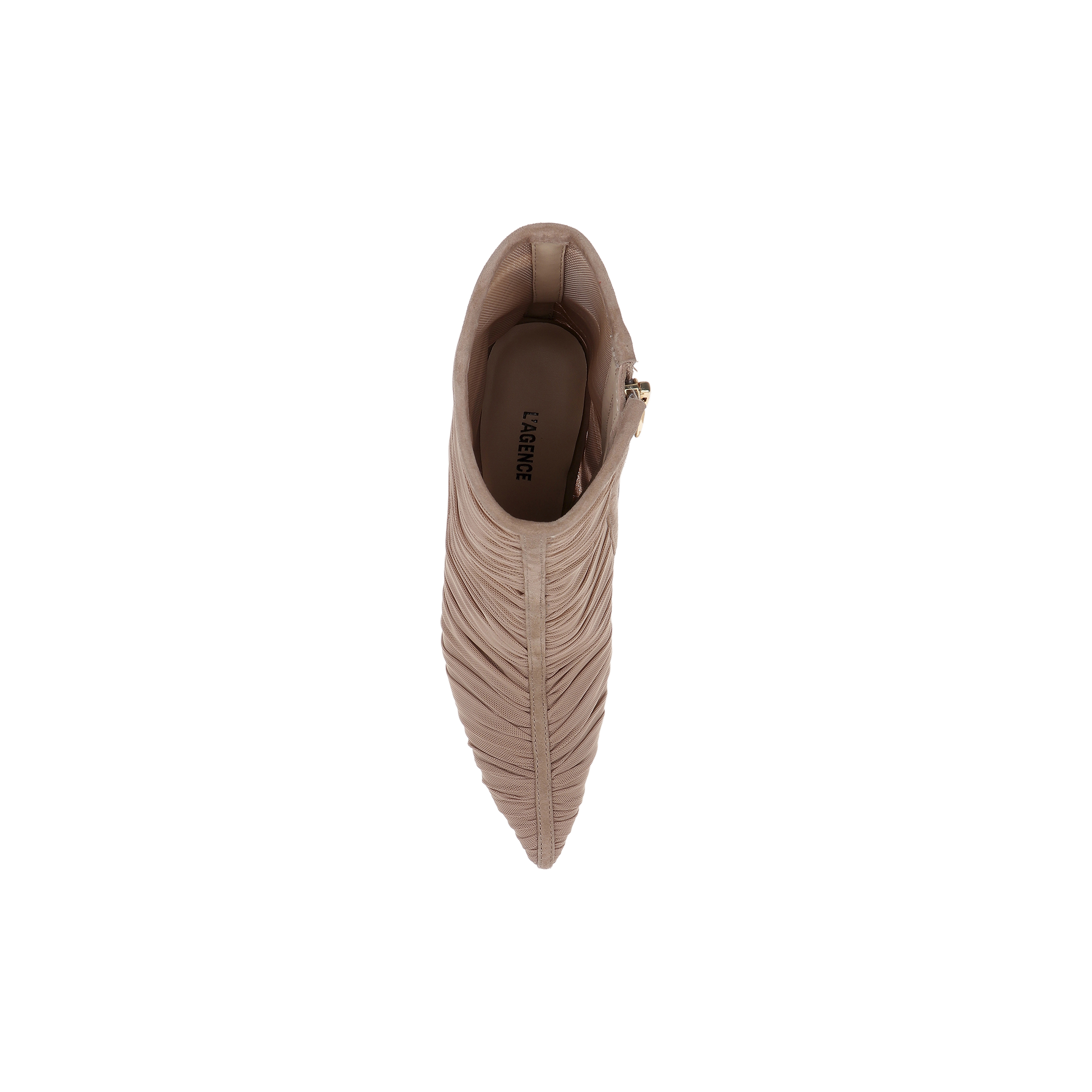 Top view of a single tan Fulton Mesh Bootie with a pointed toe, textured finish, and side zipper, displayed on a white background. The insole features the brand name LAGENCE printed in black.