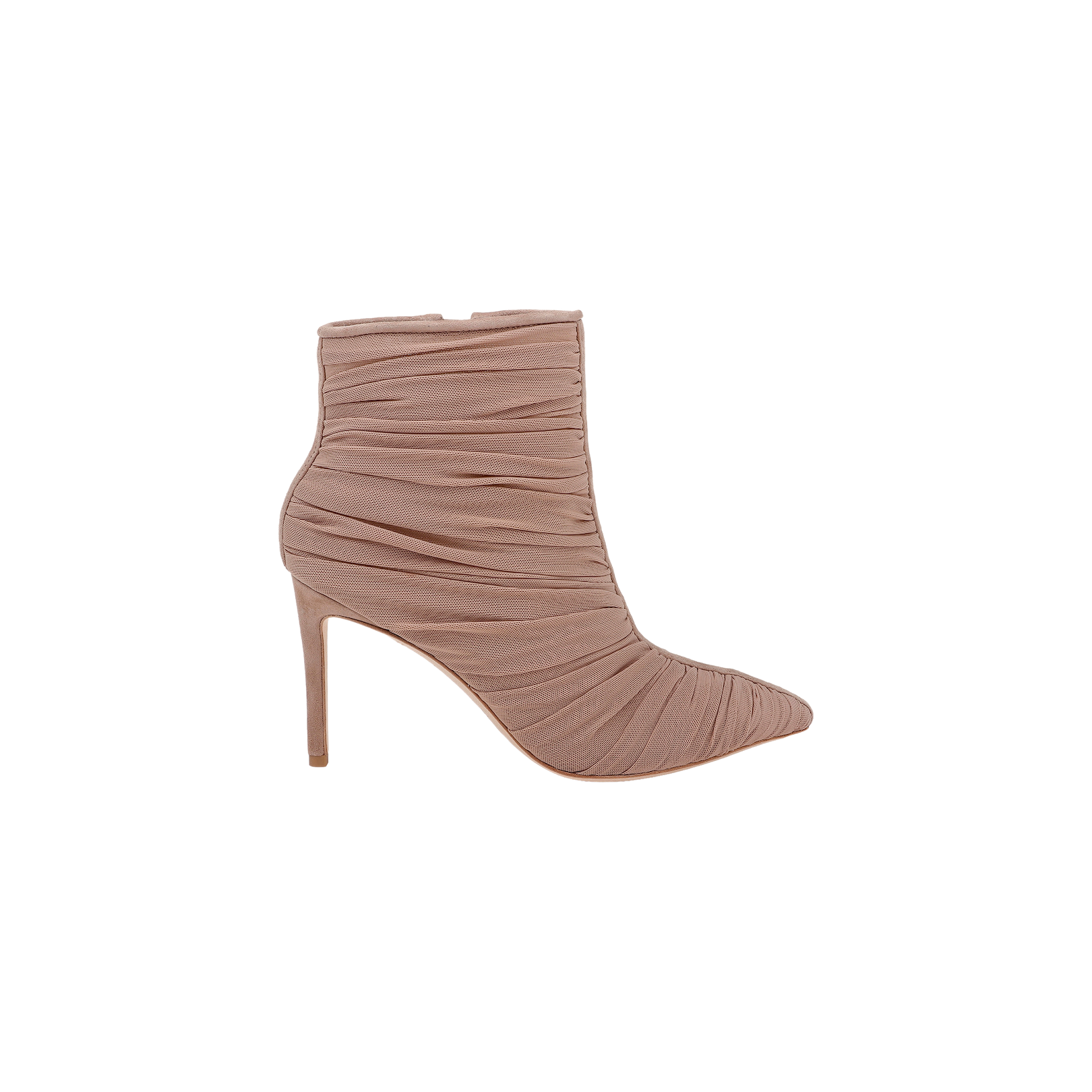 The Fulton Mesh Bootie is a taupe high-heeled bootie featuring ruched fabric detailing and a pointed toe, displayed against a plain white background.