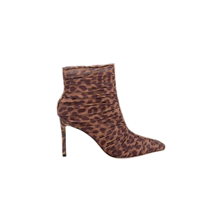 Fulton Mesh Bootie featuring leopard print mesh, a high stiletto heel, pointed toe, and ruched fabric, photographed against a plain white background.