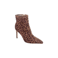The Fulton Mesh Bootie features a leopard print design, high stiletto heel, pointed toe, and ruched detailing, shown on a white background.