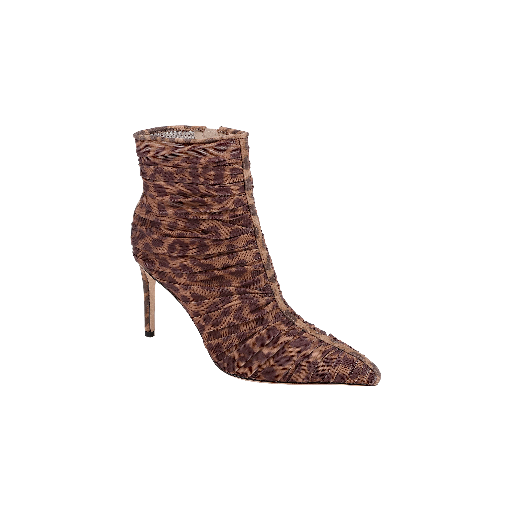 The Fulton Mesh Bootie features a leopard print design, high stiletto heel, pointed toe, and ruched detailing, shown on a white background.