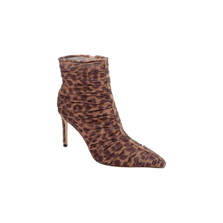 The Fulton Mesh Bootie showcases a ruched, pointed-toe stiletto silhouette with a high heel and bold brown leopard print pattern, displayed against a plain white background.