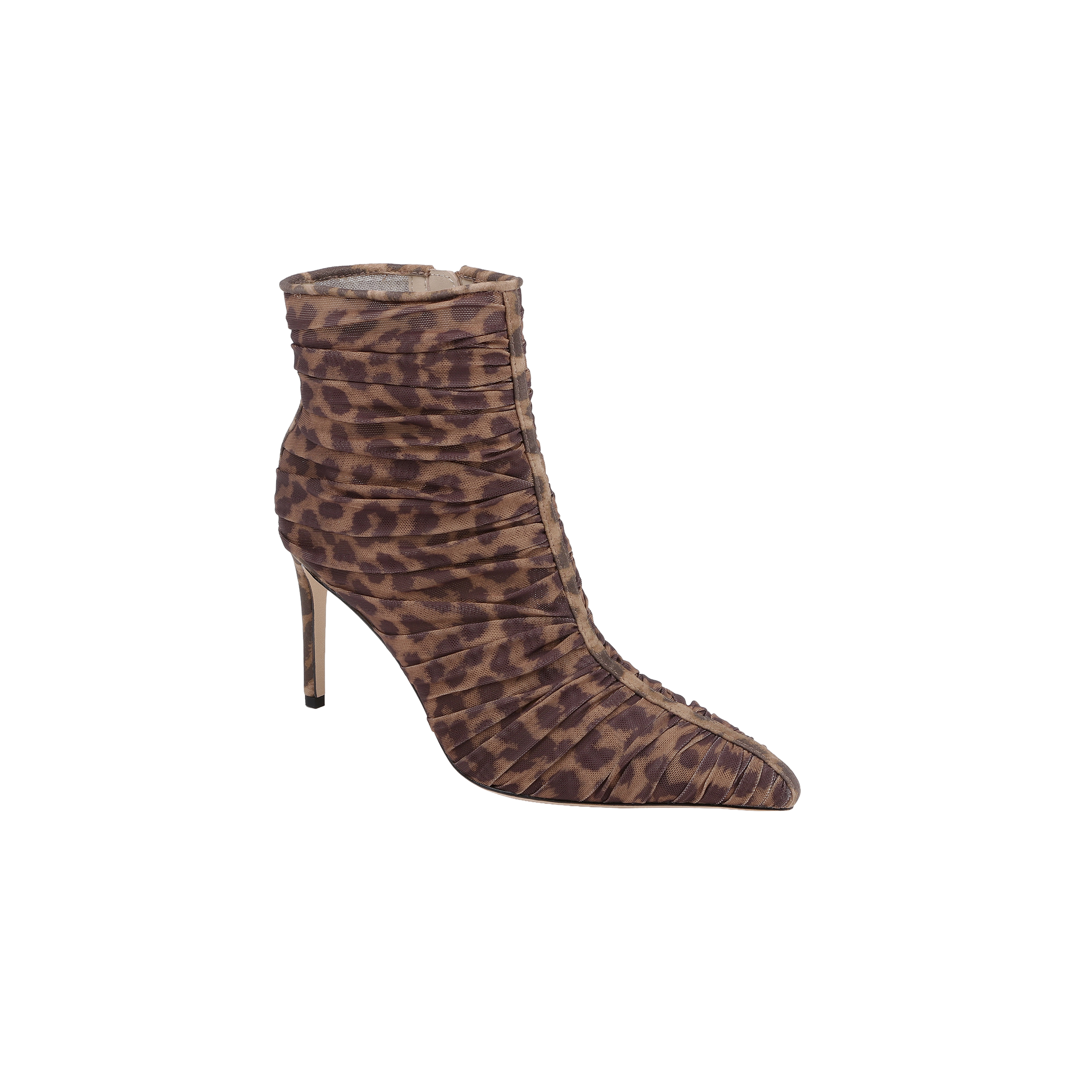 The Fulton Mesh Bootie features a leopard print design, high stiletto heel, pointed toe, and ruched detailing, shown on a white background.