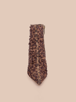 Front view of the Fulton Mesh Bootie, a ruched, pointed-toe stiletto with a brown and black leopard print pattern, featuring a vertical zipper detail up the front.