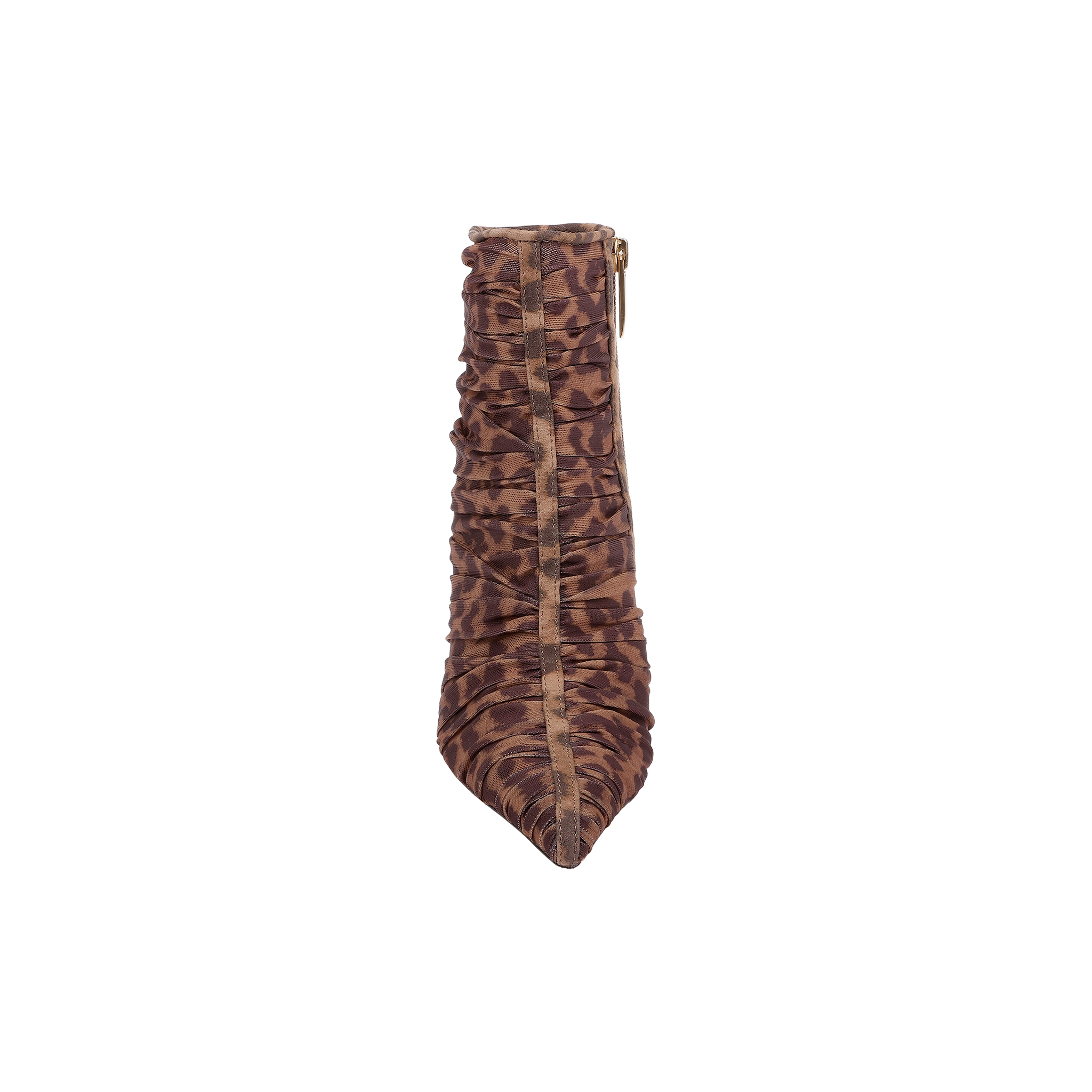 Front view of the Fulton Mesh Bootie—a pointed-toe stiletto with high heels, ruched brown mesh fabric featuring a camouflage-like pattern, and a side zipper.