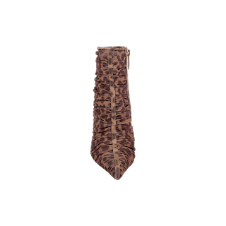 Front view of the Fulton Mesh Bootie, a pointed-toe stiletto featuring ruched brown and black animal print mesh and a vertical gold zipper.