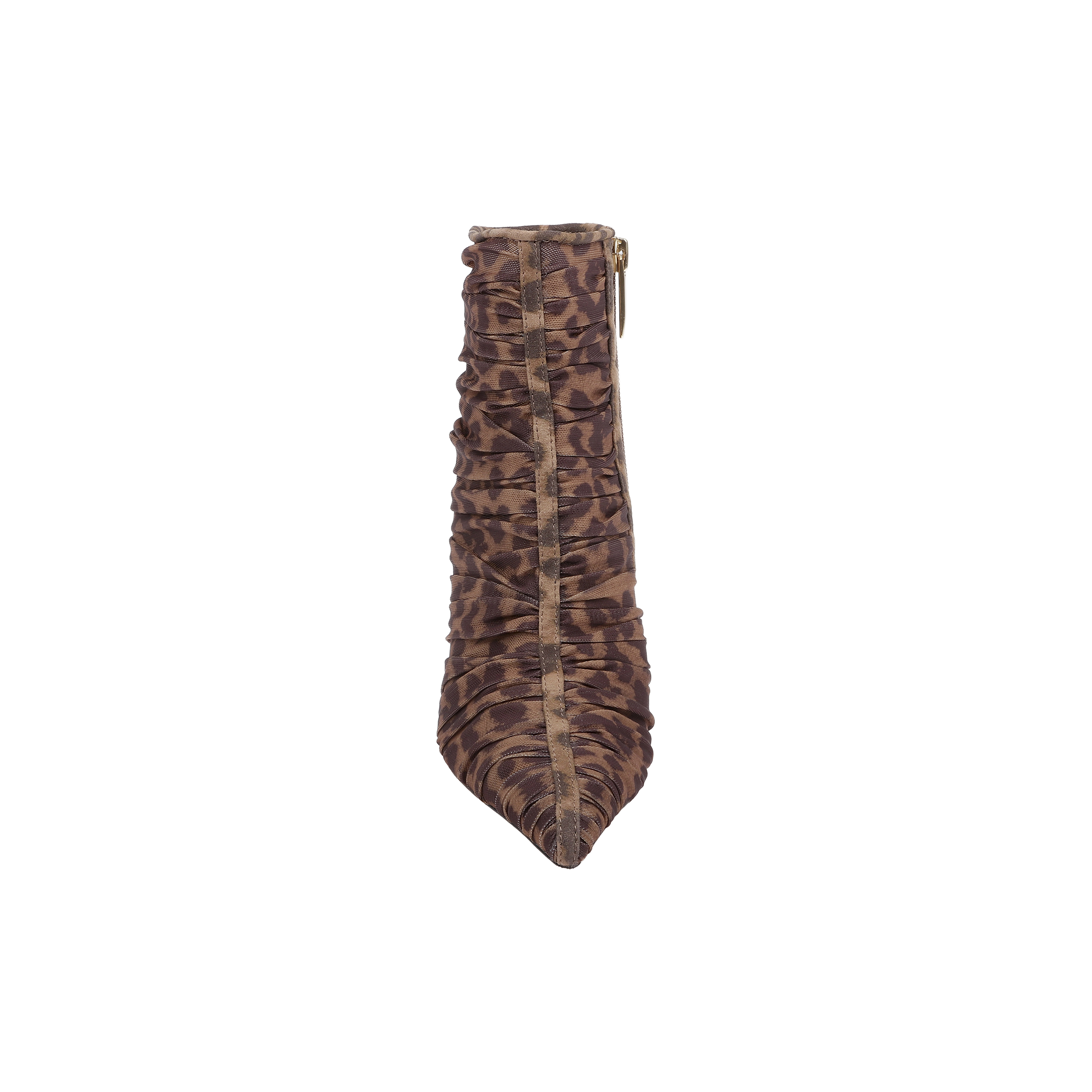 Front view of the Fulton Mesh Bootie—a pointed-toe stiletto with high heels, ruched brown mesh fabric featuring a camouflage-like pattern, and a side zipper.