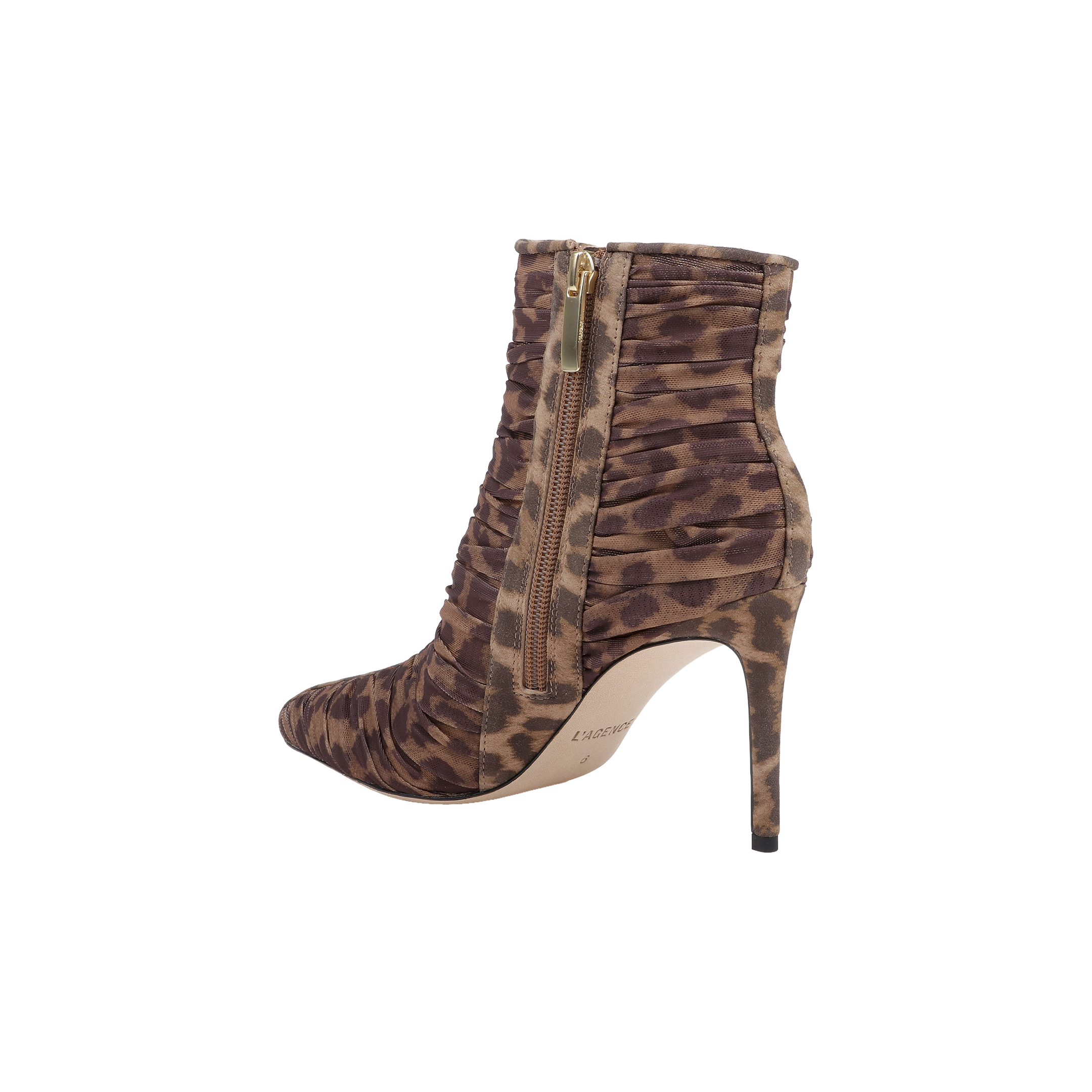 Sure Here’s the rewritten sentence using your product data: The Fulton Mesh Bootie showcases a leopard print design with a high stiletto heel, pointed toe, gathered mesh texture, and a side zipper accented by a gold zipper pull.