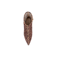Top view of the Fulton Mesh Bootie, a pointed-toe stiletto bootie with a brown and beige leopard print mesh pattern, a visible side zipper, and a tan insole labeled “LAUREN.”.