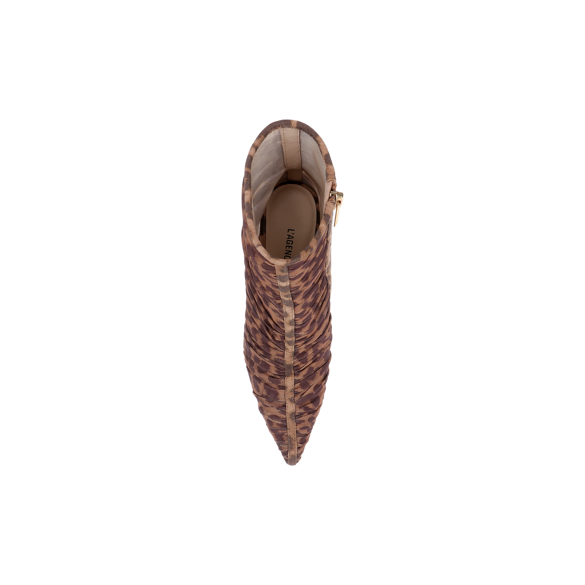 Top view of the Fulton Mesh Bootie, a pointed-toe stiletto bootie with a brown and beige leopard print mesh pattern, a visible side zipper, and a tan insole labeled “LAUREN.”.