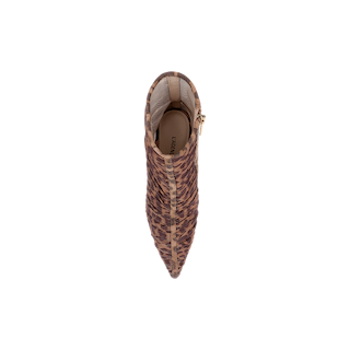 Top view of the Fulton Mesh Bootie, featuring a pointed toe, brown and beige animal print pattern, side zipper, and displayed against a plain white background.