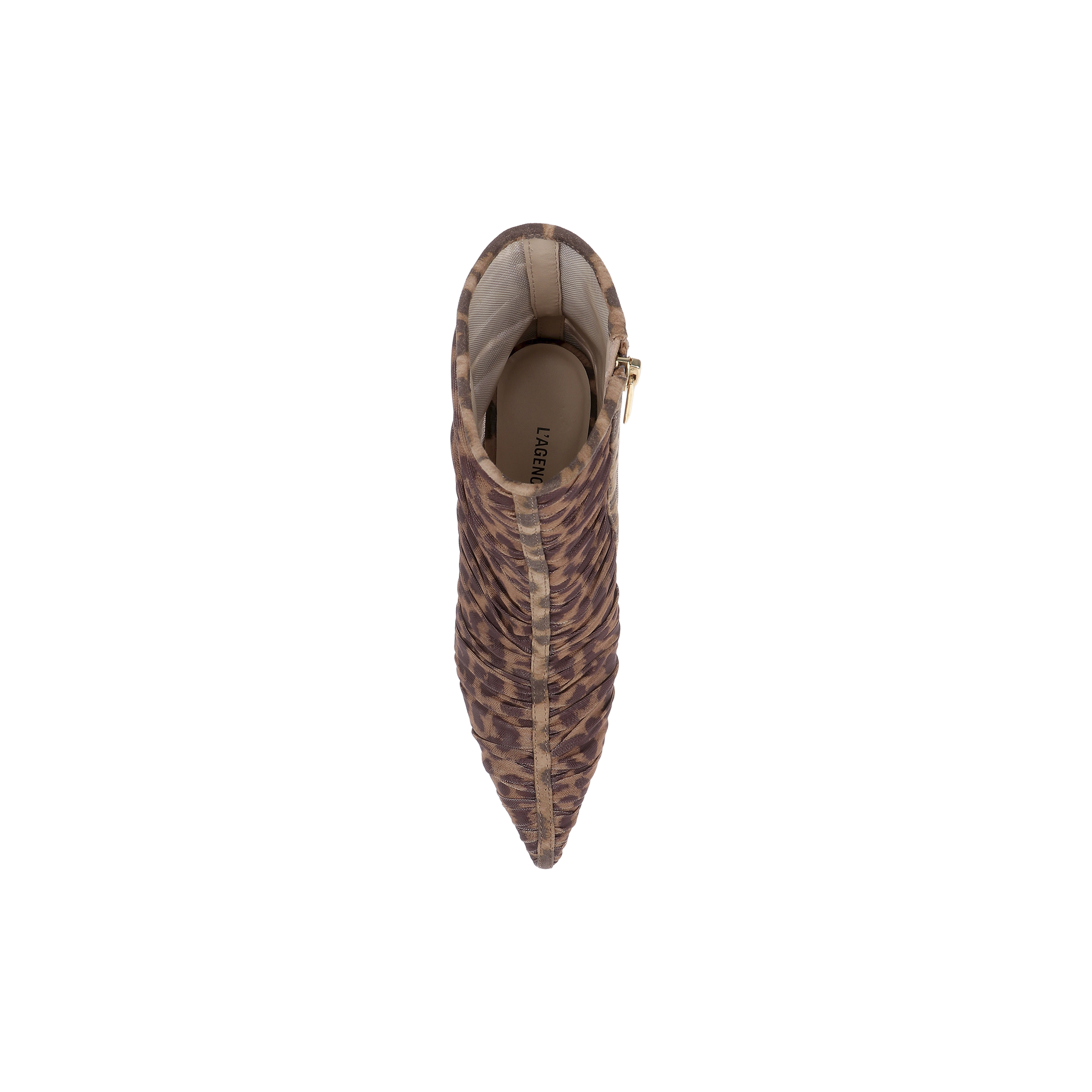 Top view of the Fulton Mesh Bootie, a pointed-toe stiletto bootie with a brown and beige leopard print mesh pattern, a visible side zipper, and a tan insole labeled “LAUREN.”.