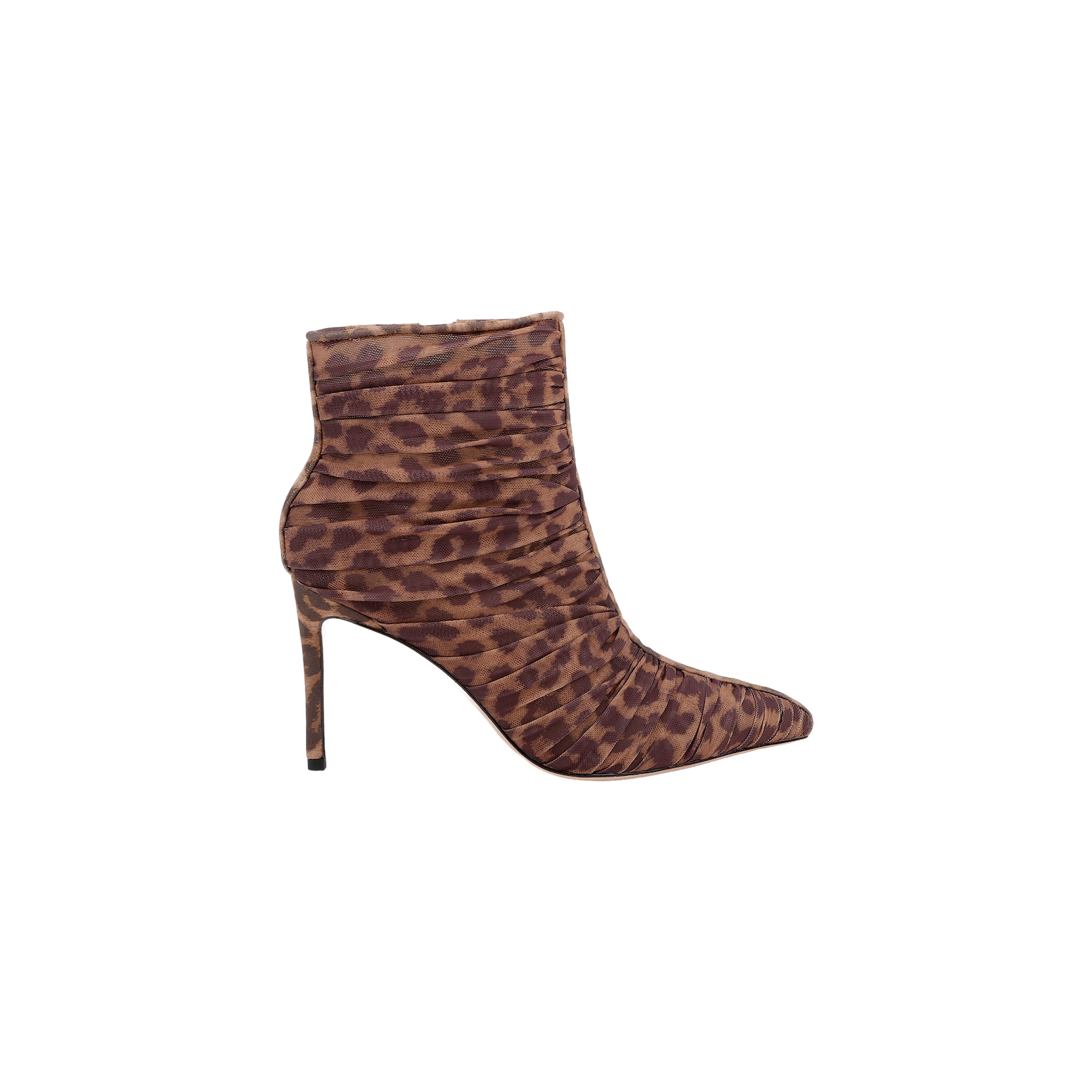 The Fulton Mesh Bootie, featuring a leopard-print design, pointed toe, and sleek stiletto heel, is displayed in profile against a plain white background.