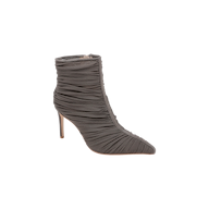 The Fulton Mesh Bootie in smoke grey features a pointed toe, stiletto heel, and ruched mesh fabric enveloping the entire shoe, displayed against a plain white background.