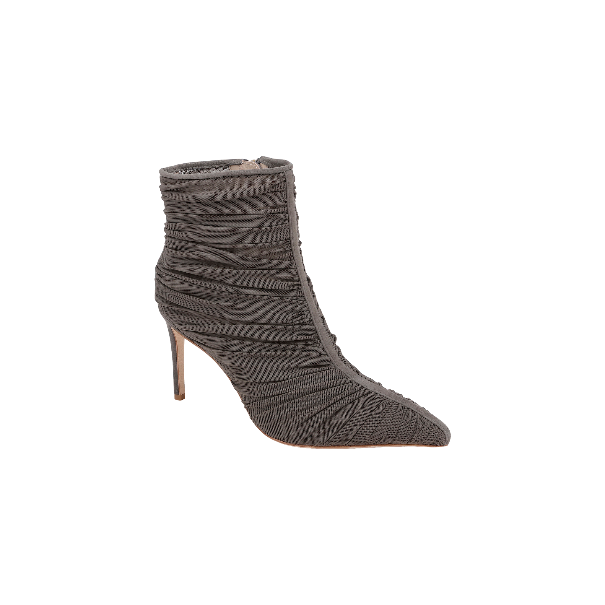 The Fulton Mesh Bootie in smoke grey features a pointed toe, stiletto heel, and ruched mesh fabric enveloping the entire shoe, displayed against a plain white background.