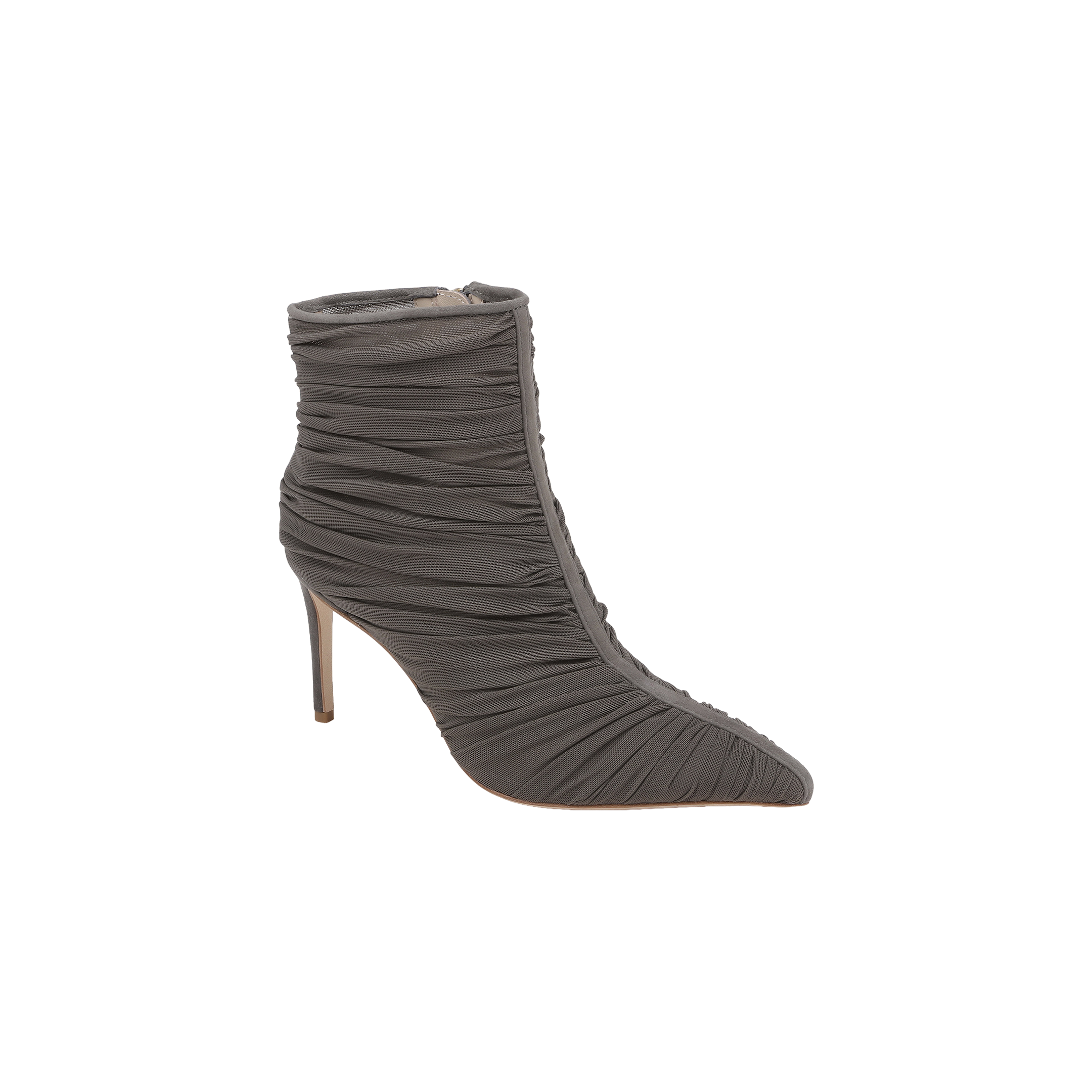 The Fulton Mesh Bootie in smoke grey features a pointed toe, stiletto heel, and ruched mesh fabric enveloping the entire shoe, displayed against a plain white background.
