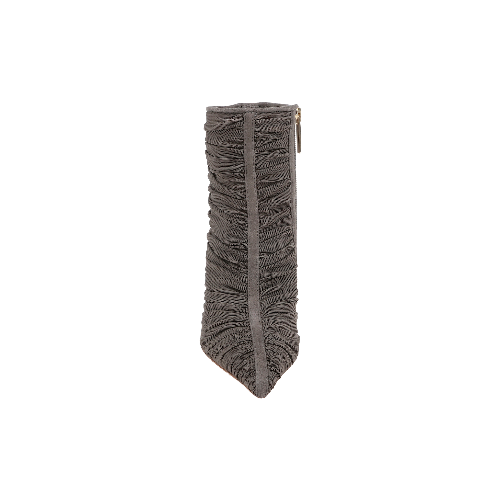 A front view of the Fulton Mesh Bootie in smoke grey, a high-heeled stiletto shoe with a pointed toe, ruched detailing, and a visible side zipper, displayed against a white background.