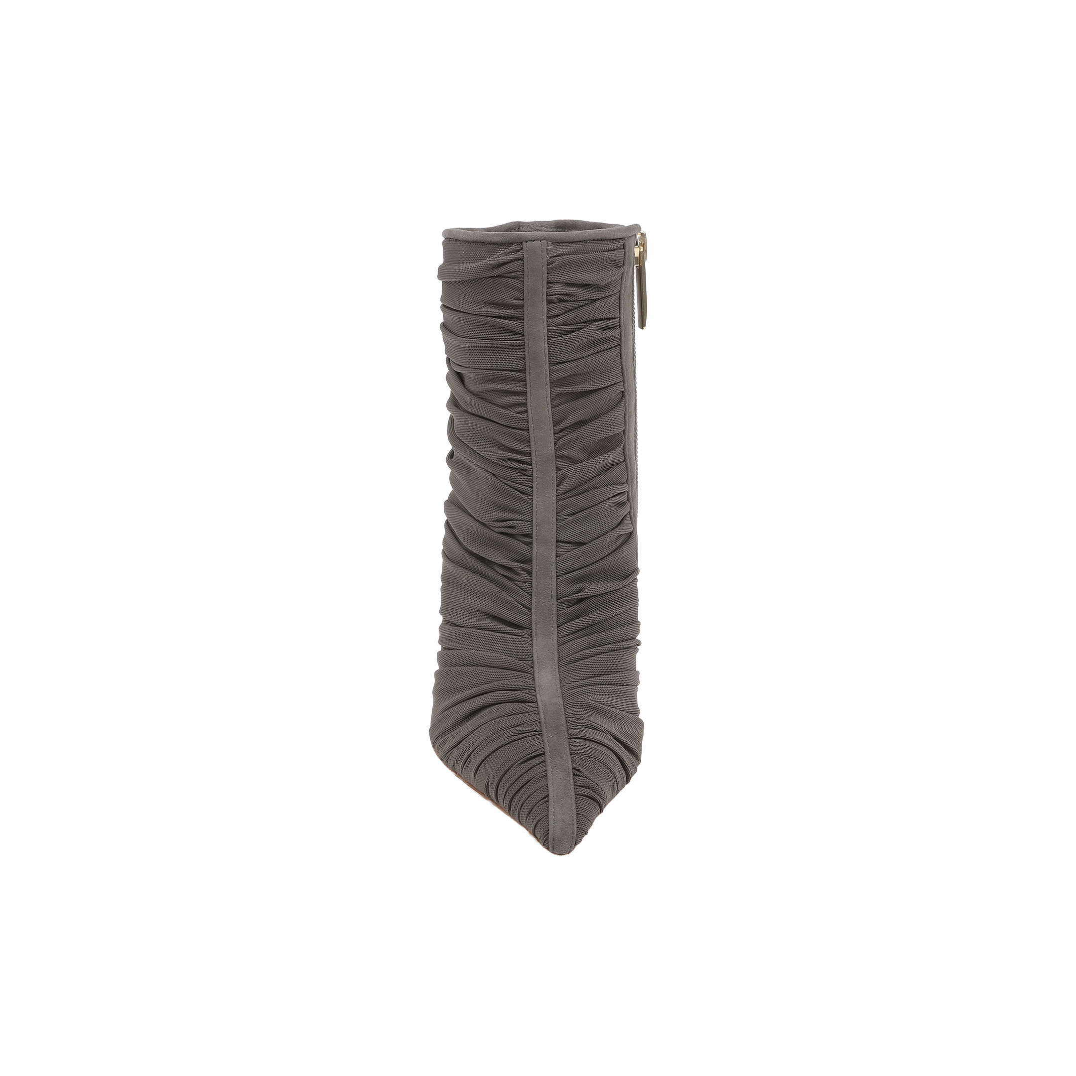 A front view of the Fulton Mesh Bootie in smoke grey, a high-heeled stiletto shoe with a pointed toe, ruched detailing, and a visible side zipper, displayed against a white background.