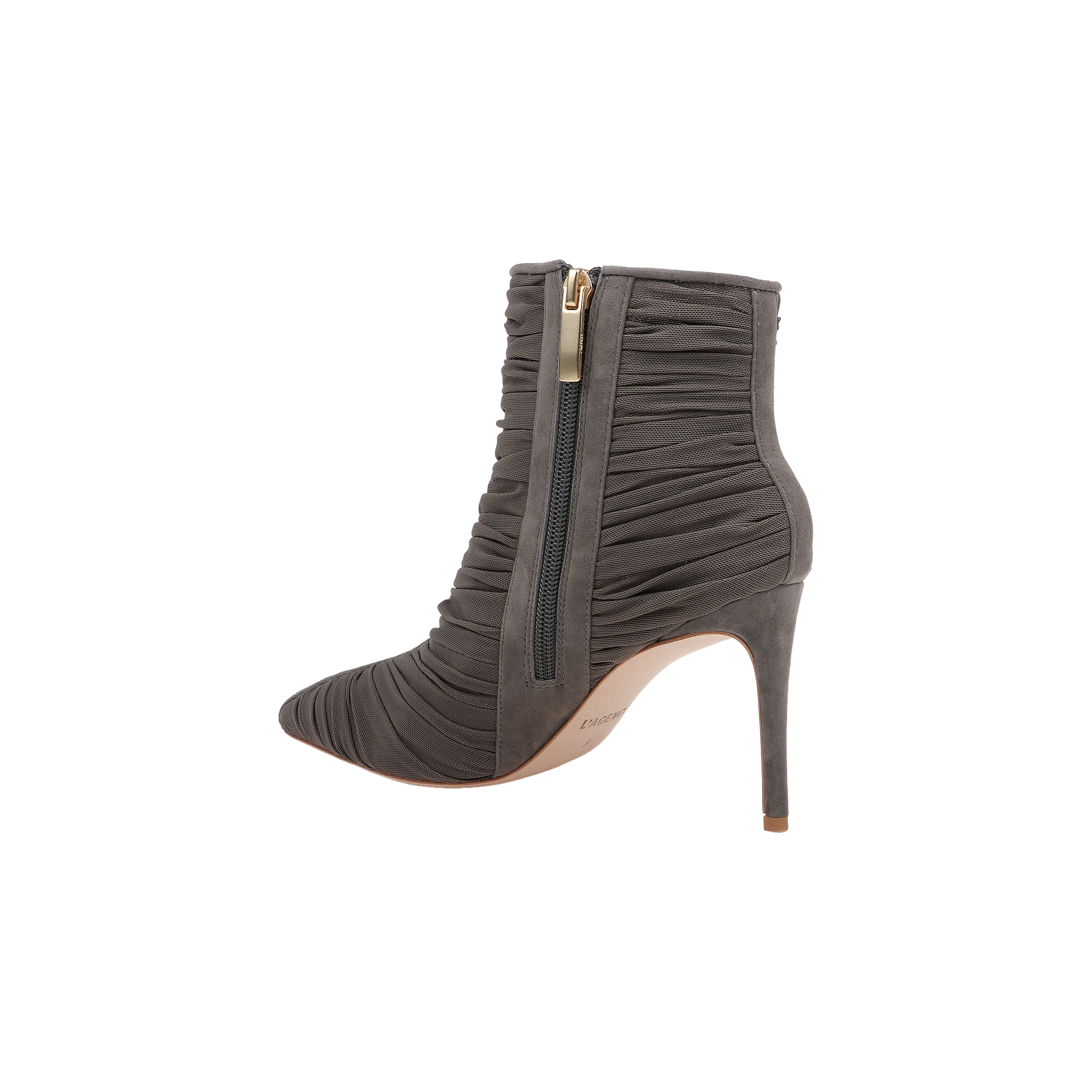 The Fulton Mesh Bootie in smoke grey features a pointed toe, ruched mesh fabric detailing, and a side zipper with a gold pull tab, shown from the side against a white background.