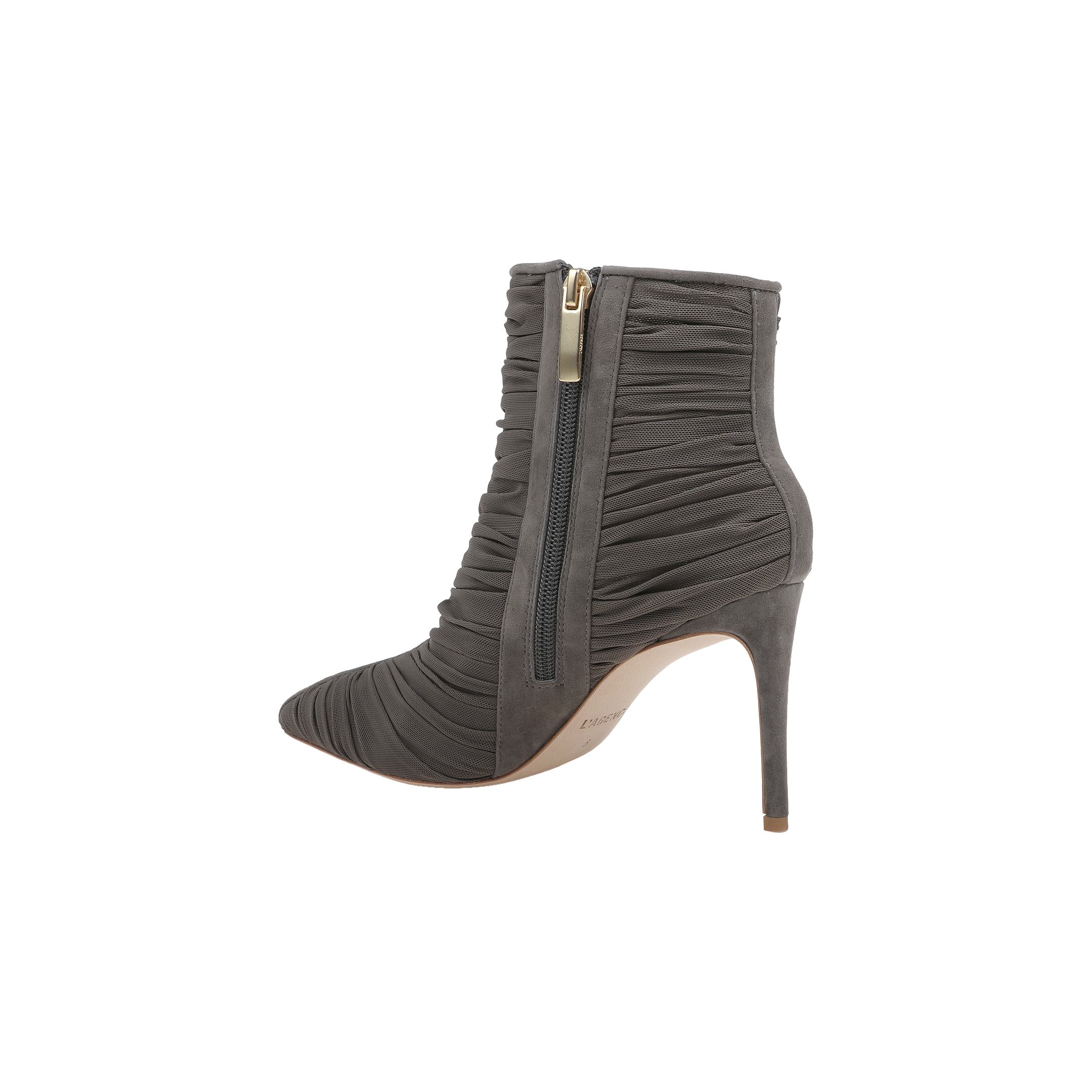 The Fulton Mesh Bootie in smoke grey features a pointed toe, ruched mesh fabric detailing, and a side zipper with a gold pull tab, shown from the side against a white background.