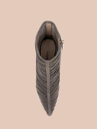 Top view of a single gray Fulton Mesh Bootie featuring a ruched ankle, pointed toe, and side zipper, displayed on a beige background.