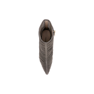 Top view of the Fulton Mesh Bootie—a pointed-toe, ruched stiletto bootie in smoke grey featuring a visible side zipper—set against a plain white background.