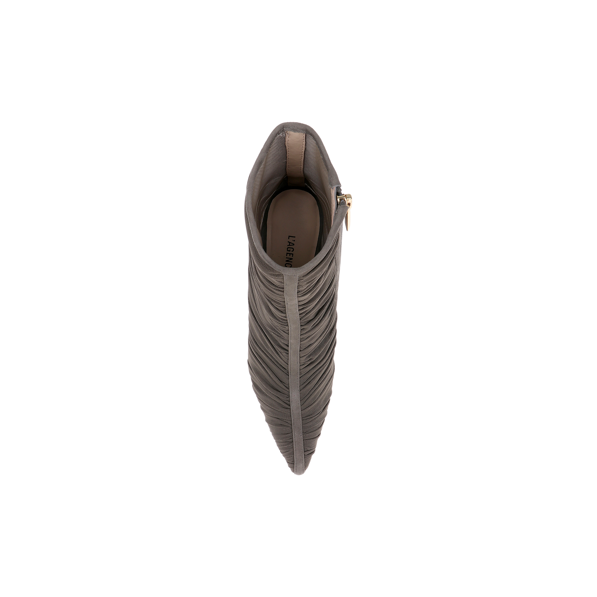 Top view of the Fulton Mesh Bootie—a pointed-toe, ruched stiletto bootie in smoke grey featuring a visible side zipper—set against a plain white background.