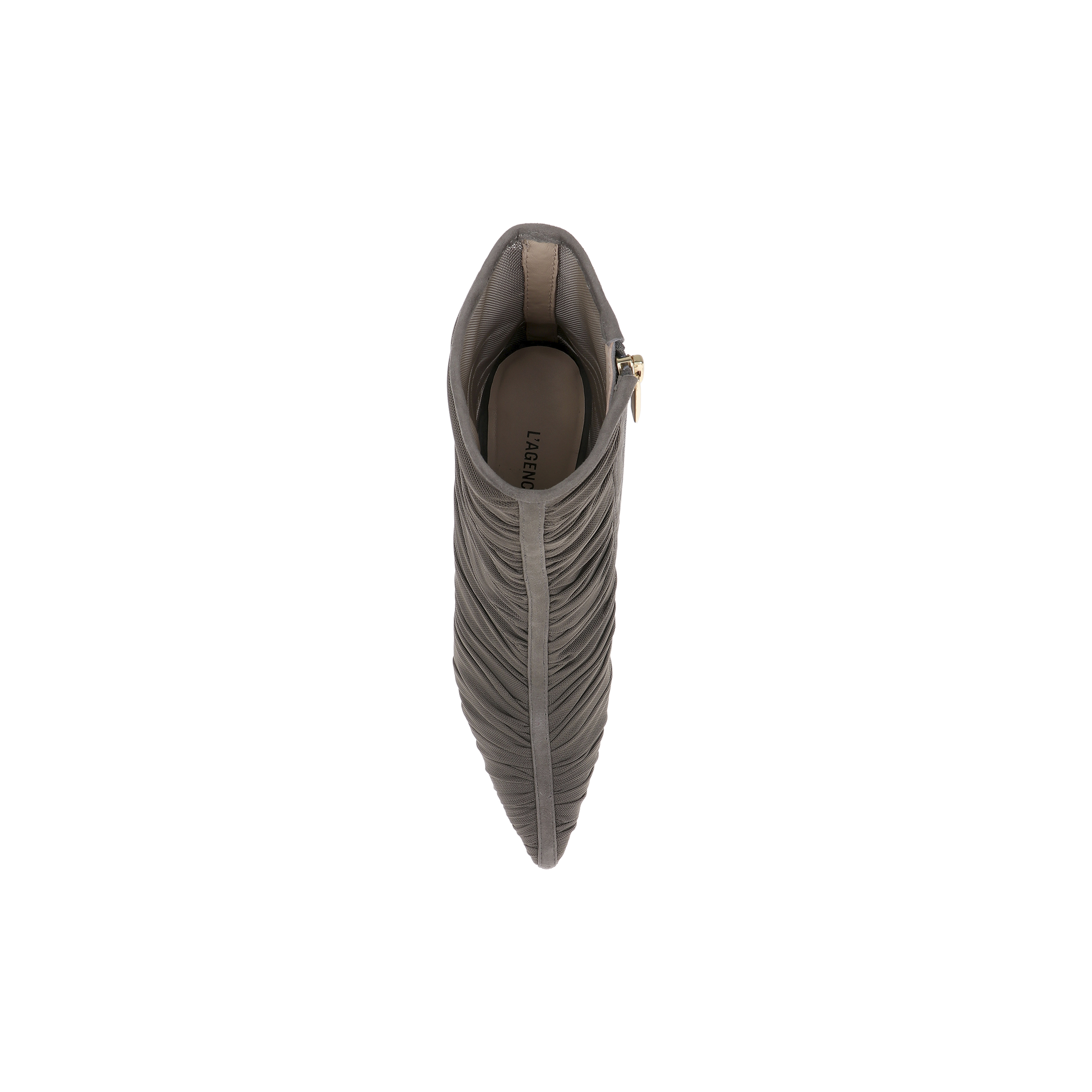 Top view of the Fulton Mesh Bootie—a pointed-toe, ruched stiletto bootie in smoke grey featuring a visible side zipper—set against a plain white background.