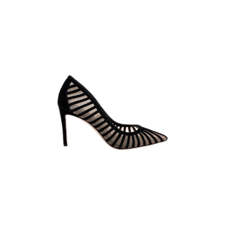 The Lenox Mesh Pump is a black suede shoe with a pointed toe and sheer striped mesh design, set on a stiletto Lenox heel and shown against a white background.
