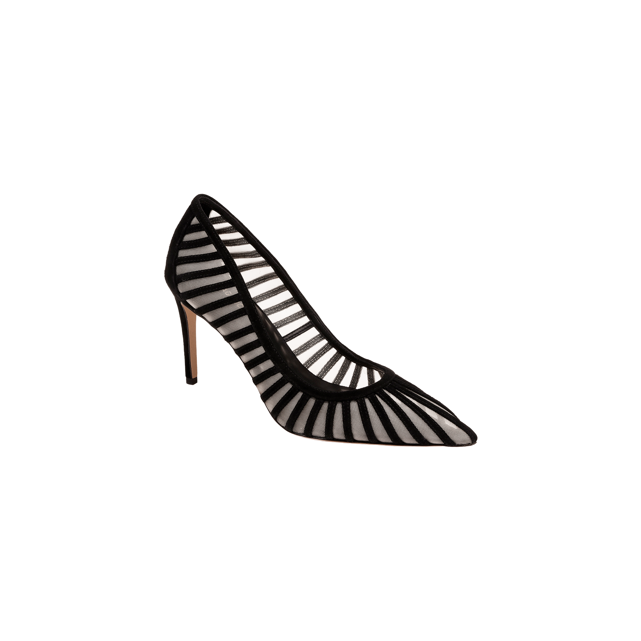A black Lenox Mesh Pump with a pointed toe, crafted from sheer mesh and accented with bold black geometric stripe details.
