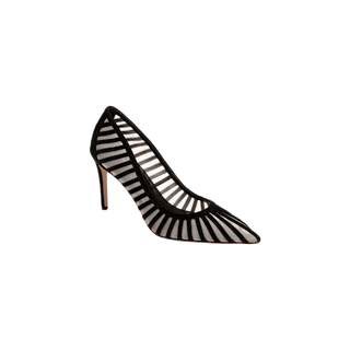 A black Lenox Mesh Pump with a pointed toe, crafted from sheer mesh and accented with bold black geometric stripe details.