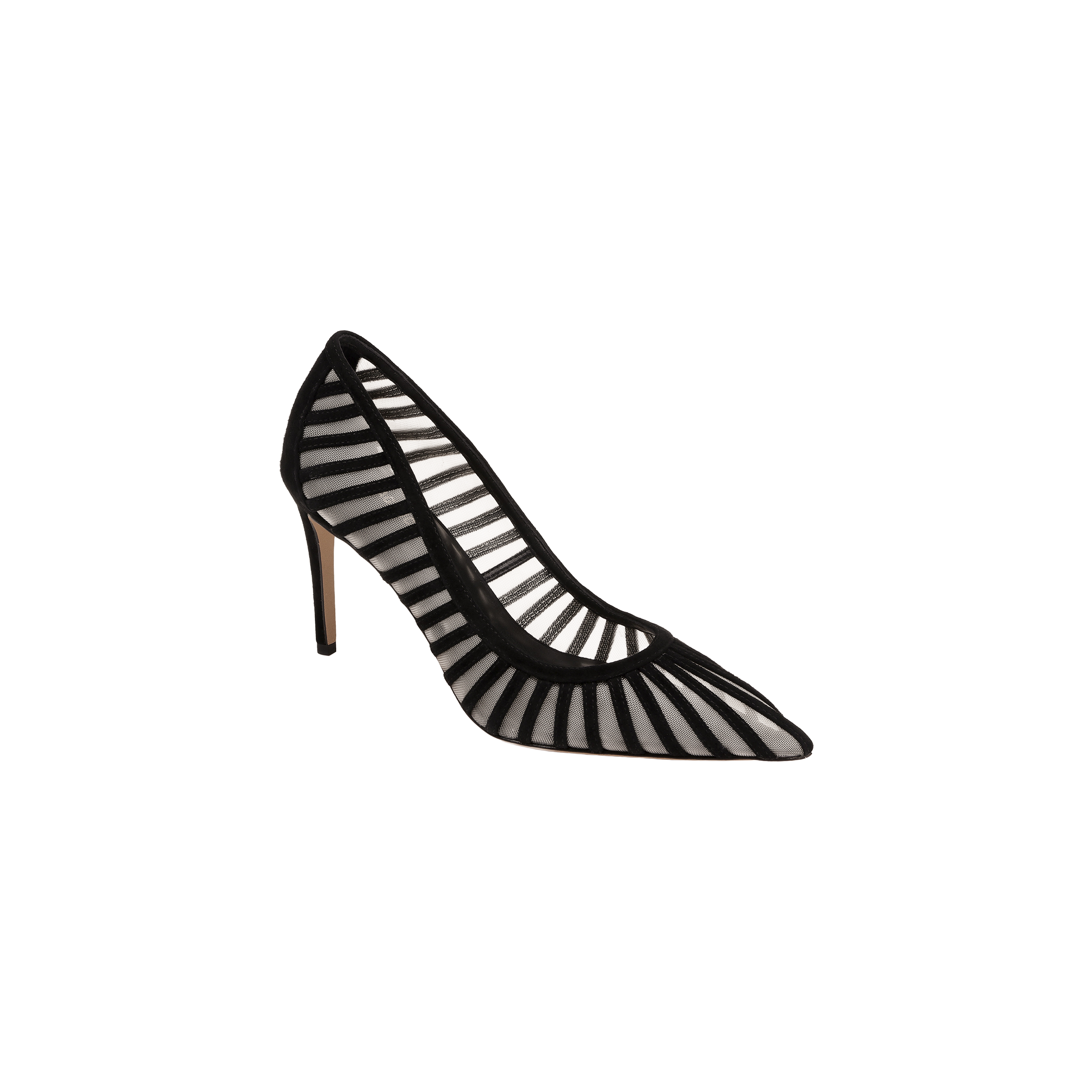 A black Lenox Mesh Pump with a pointed toe, crafted from sheer mesh and accented with bold black geometric stripe details.