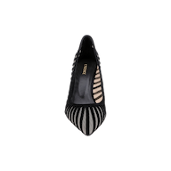 The Lenox Mesh Pump, a black pointed-toe high heel, is beautifully displayed from above against a plain white background. Featuring sheer mesh and velvet stripe details, this sophisticated design blends the timeless elegance of a classic suede pump with modern mesh accents for a refined touch.
