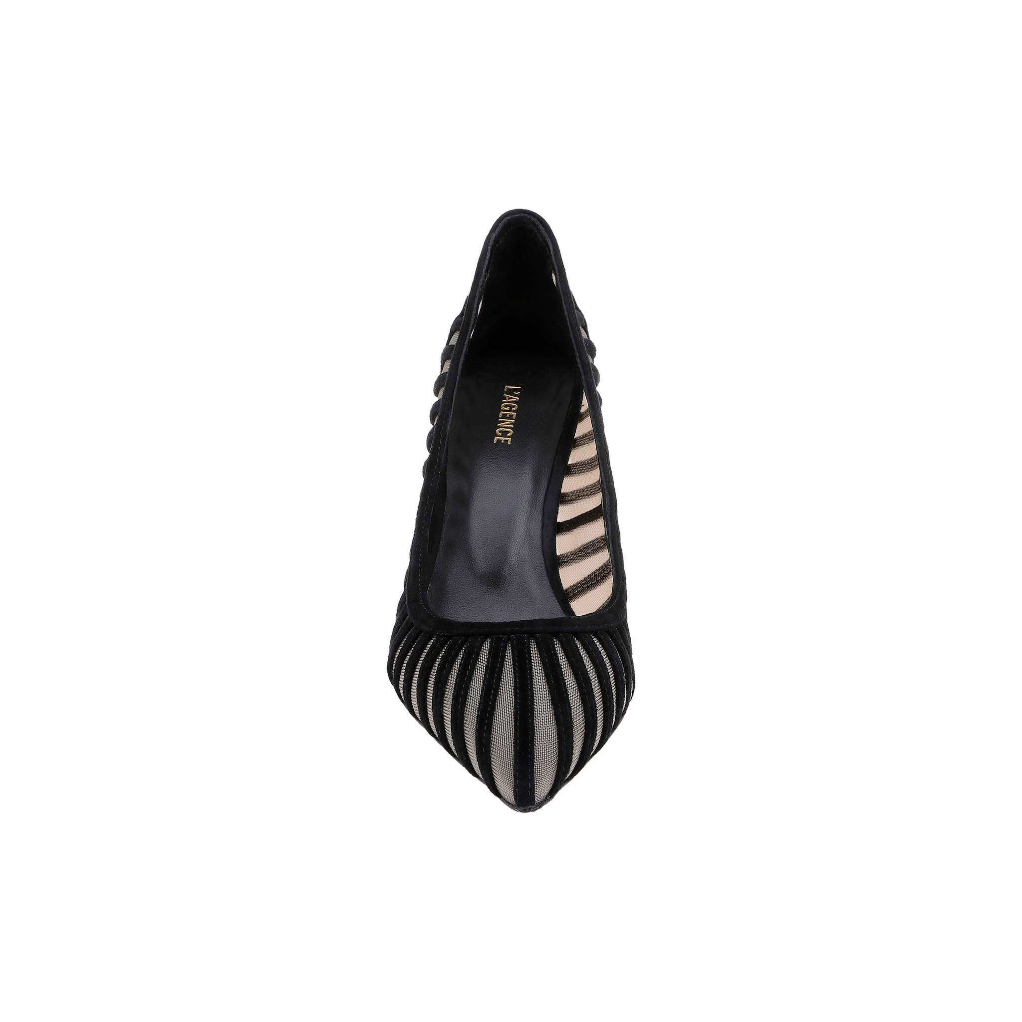 The Lenox Mesh Pump, a black pointed-toe high heel, is beautifully displayed from above against a plain white background. Featuring sheer mesh and velvet stripe details, this sophisticated design blends the timeless elegance of a classic suede pump with modern mesh accents for a refined touch.