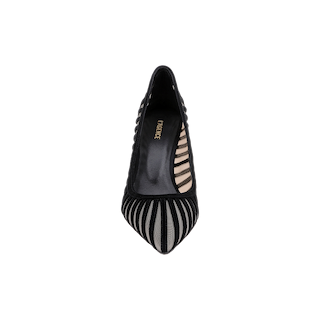 The Lenox Mesh Pump, a black pointed-toe high heel, is beautifully displayed from above against a plain white background. Featuring sheer mesh and velvet stripe details, this sophisticated design blends the timeless elegance of a classic suede pump with modern mesh accents for a refined touch.