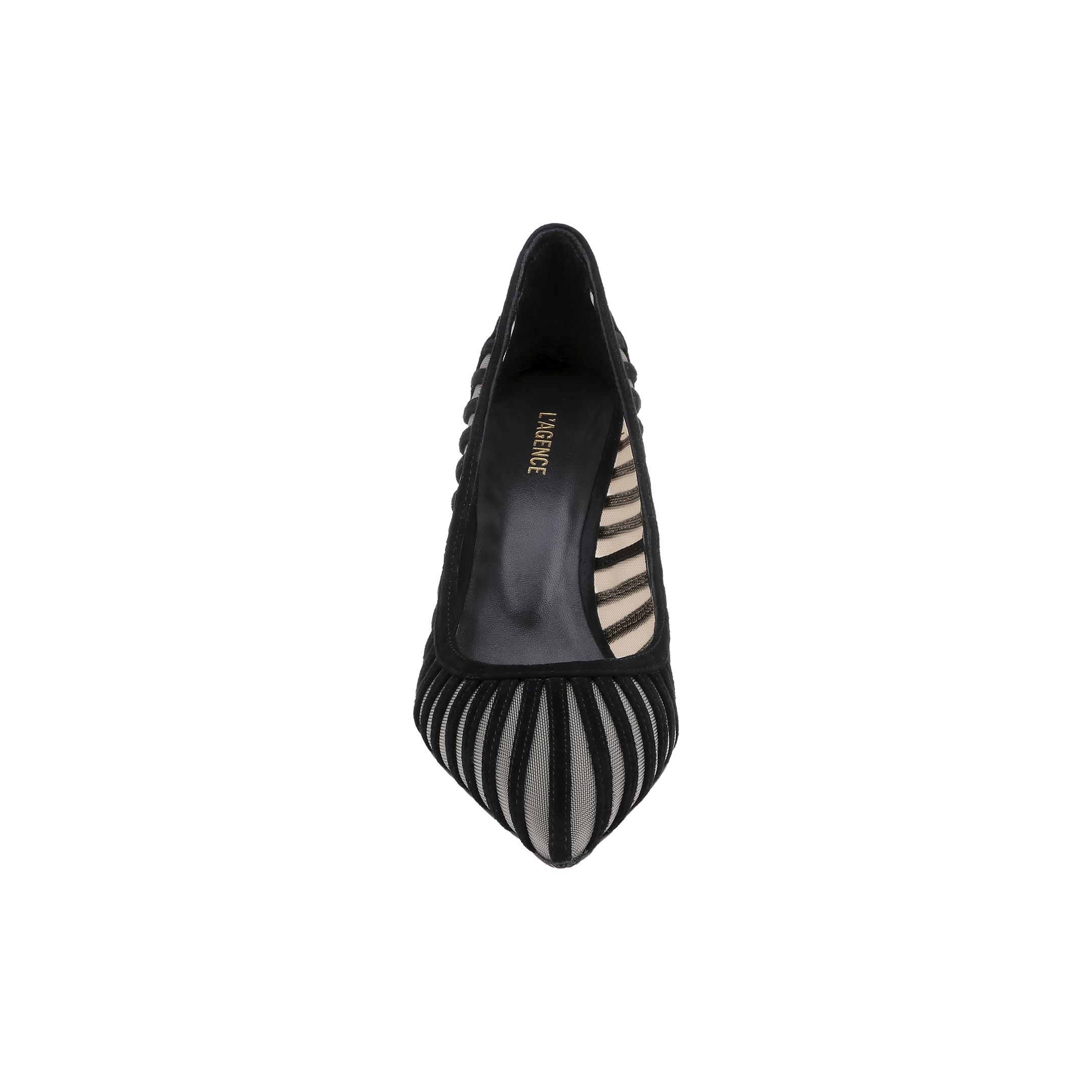 The Lenox Mesh Pump, a black pointed-toe high heel, is beautifully displayed from above against a plain white background. Featuring sheer mesh and velvet stripe details, this sophisticated design blends the timeless elegance of a classic suede pump with modern mesh accents for a refined touch.