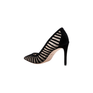The Lenox Mesh Pump, shown in profile on a white background, features black suede with a pointed toe, sheer striped mesh panels, and suede accents.
