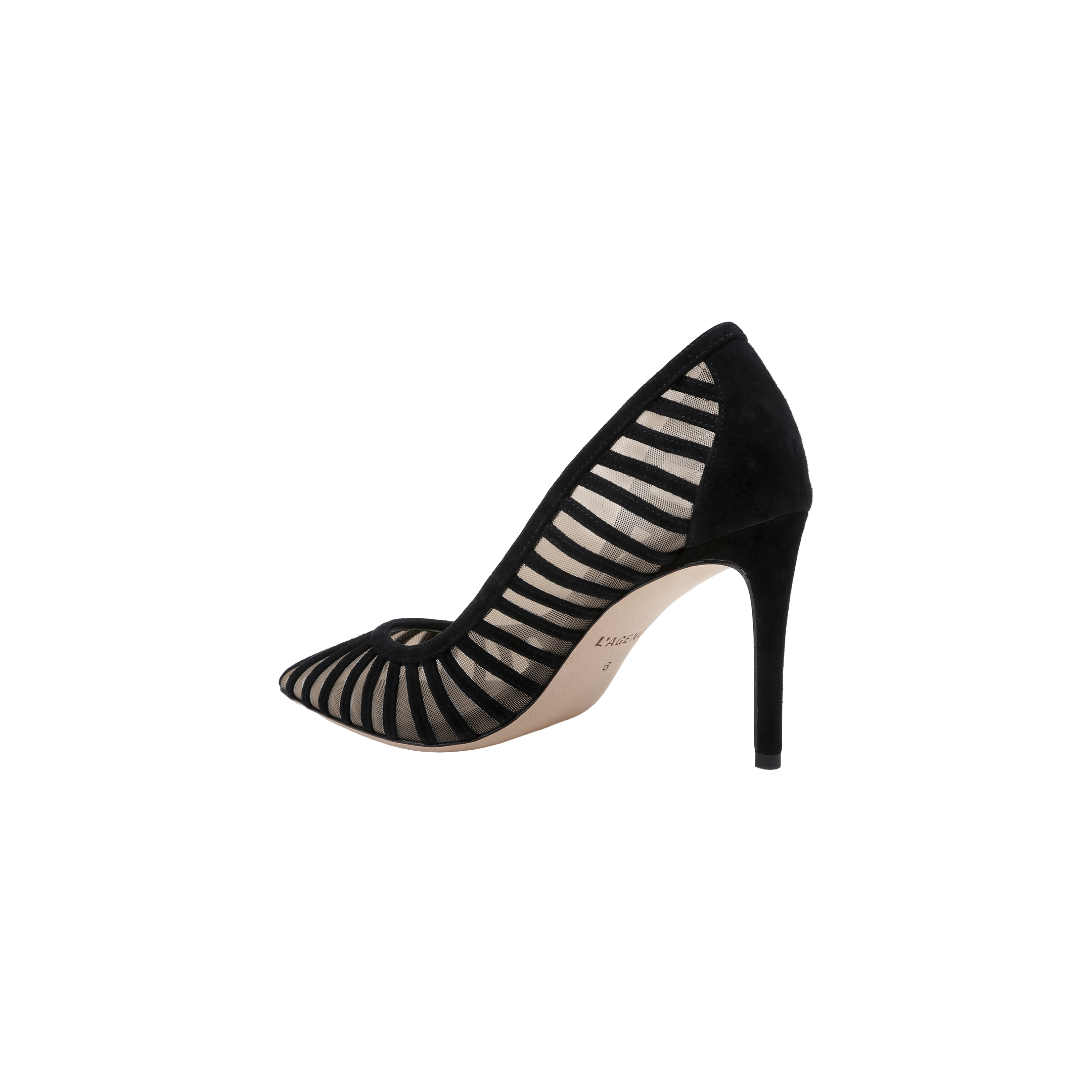 The Lenox Mesh Pump, shown in profile on a white background, features black suede with a pointed toe, sheer striped mesh panels, and suede accents.