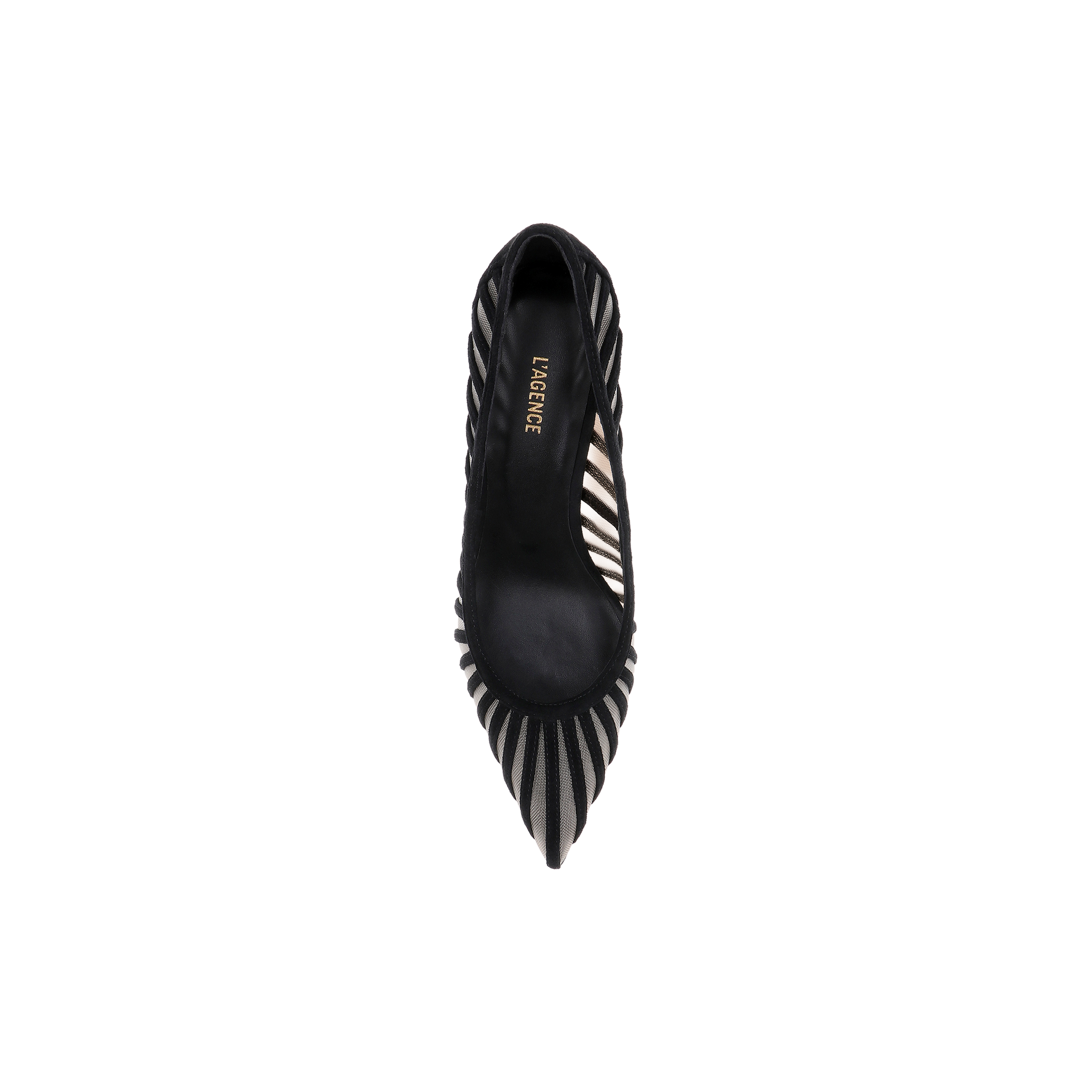 The Lenox Mesh Pump is a black suede high heel with sheer striped mesh cutouts and a pointed toe, showcasing an elegant silhouette and the signature Lenox heel, shown from above on a white background.