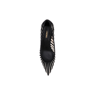 The Lenox Mesh Pump is a black suede high heel with sheer striped mesh cutouts and a pointed toe, showcasing an elegant silhouette and the signature Lenox heel, shown from above on a white background.