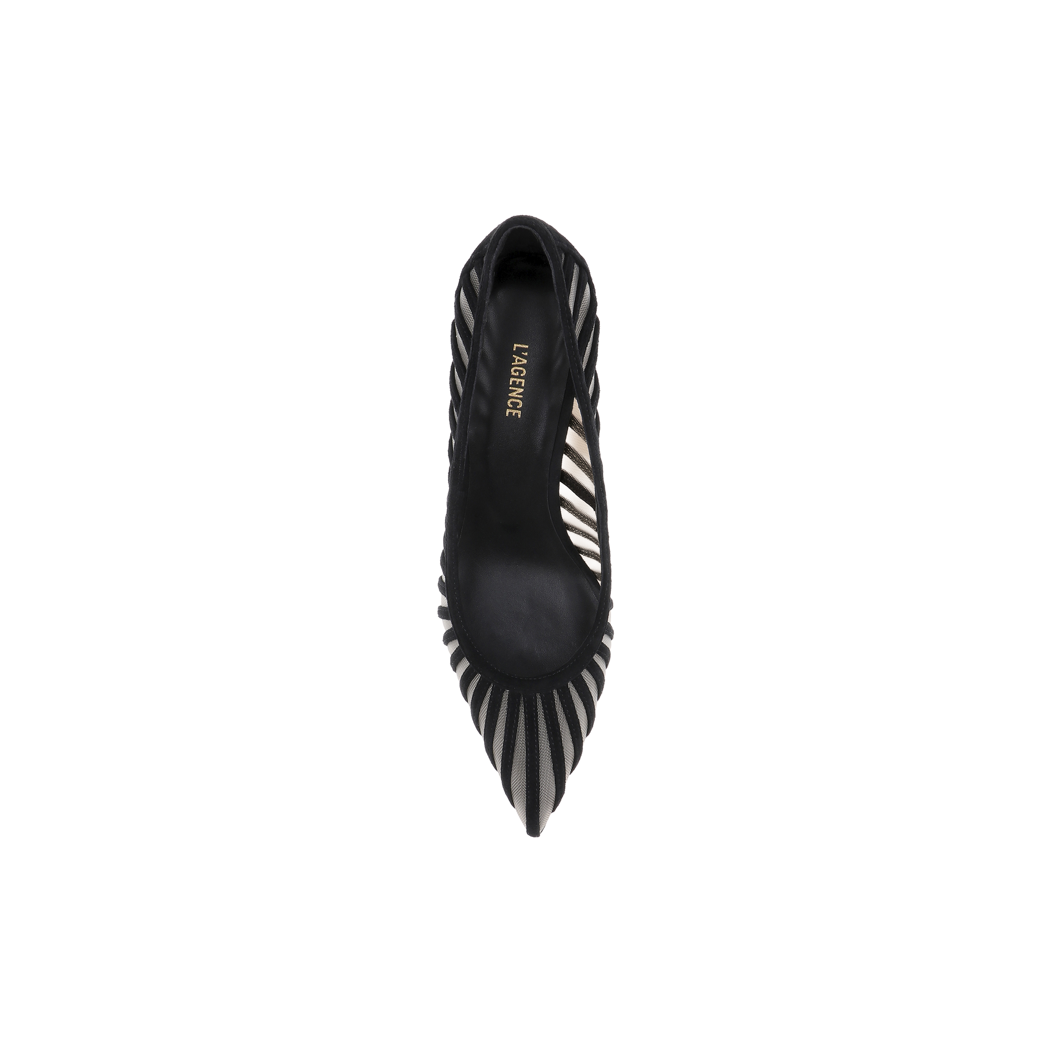 The Lenox Mesh Pump is a black suede high heel with sheer striped mesh cutouts and a pointed toe, showcasing an elegant silhouette and the signature Lenox heel, shown from above on a white background.