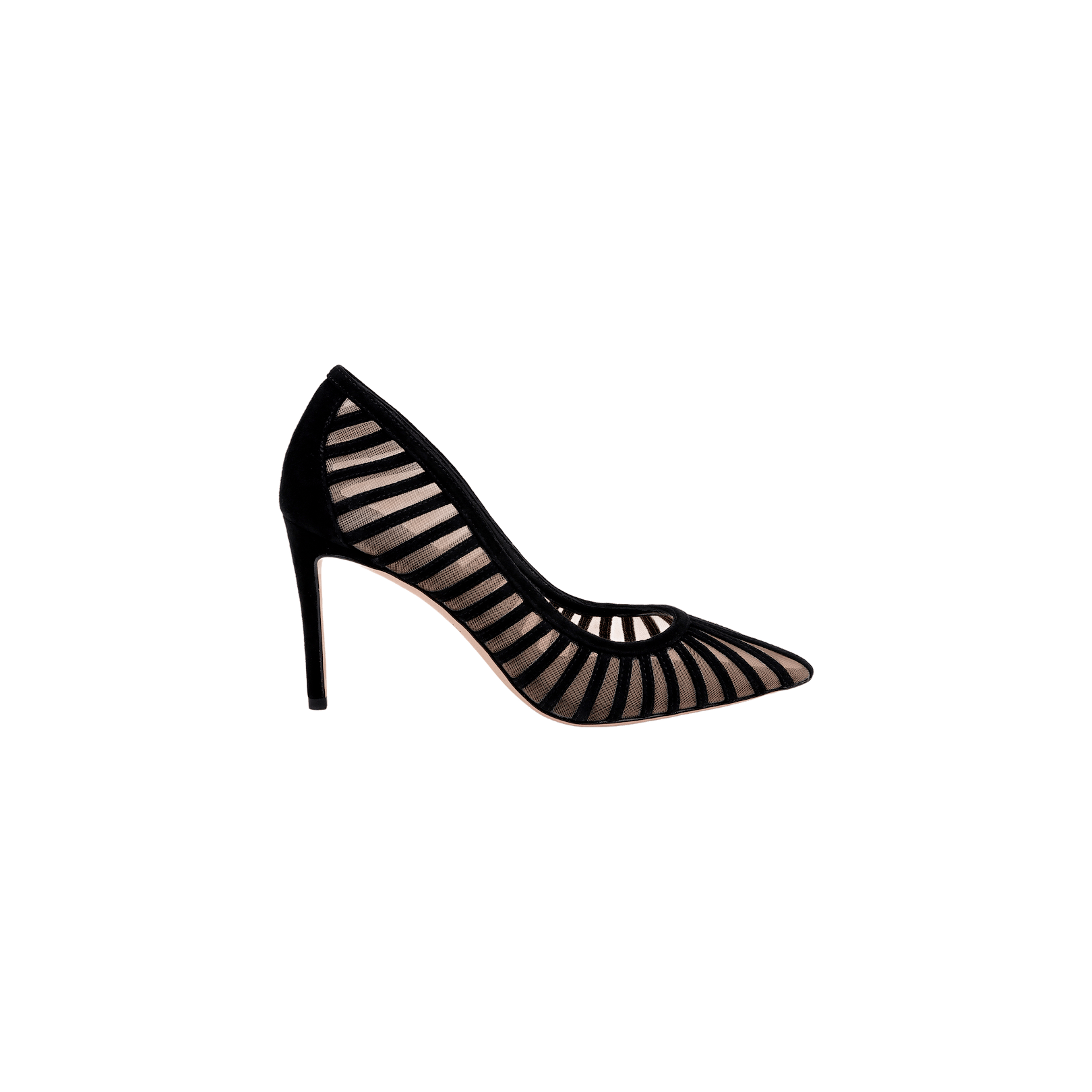 The Lenox Mesh Pump is a black high-heeled stiletto shoe featuring a striking Lenox heel, sheer mesh panels, and bold black stripes, displayed in profile on a plain white background.