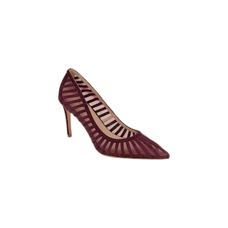 The Lenox Mesh Pump is a burgundy suede shoe with a pointed toe, featuring sheer striped mesh detailing and the refined Lenox heel, displayed against a plain white background.