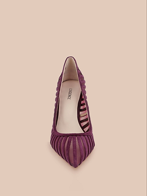 A front view of the Lenox Mesh Pump, a single purple suede shoe with a pointed toe and striped mesh cutout design, set against a plain beige background.