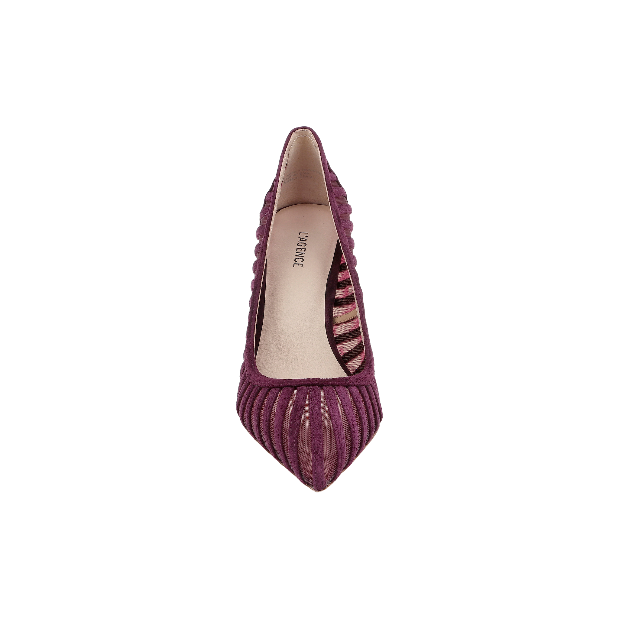 The Lenox Mesh Pump is shown from above on a white background, featuring a single purple suede pointed toe and a sheer striped mesh upper.