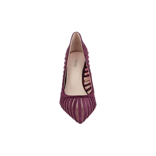 A single purple Lenox Mesh Pump is viewed from above, featuring pointed-toe styling, sheer striped mesh detailing, and a label on the insole. This elegant shoe combines classic sophistication with modern design.